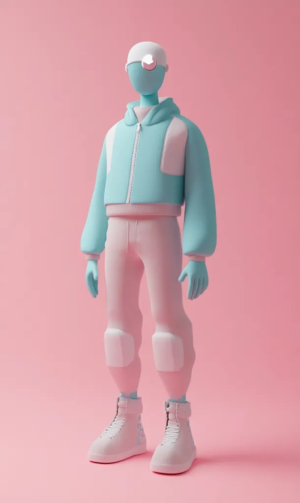 A 3D cartoon figure stands against a pink background, wearing a light blue jacket with white accents, pink pants, and white sneakers. The figure has a white cap and a round, blue face with a single white eye. The figure's arms are slightly bent at the elbows, and its hands are open. The background is a solid pink.  The image is rendered in a clean and minimalist style.
