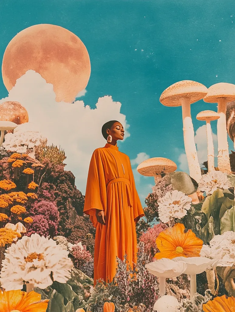 A woman in an orange dress stands in a surreal, dreamlike landscape. She is surrounded by large mushrooms, vibrant flowers, and a large, orange moon in the sky. The scene is a collage of different textures and colors, creating a sense of wonder and fantasy. The woman's serene expression suggests a sense of peace and connection with nature.