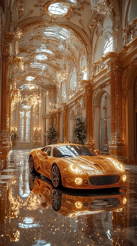 A golden sports car sits in the center of a grand, ornate hall. The hall is decorated with intricate gold details and chandeliers. The car's reflection is perfectly mirrored in the wet floor, adding to the luxurious and opulent atmosphere. The image suggests wealth and opulence.