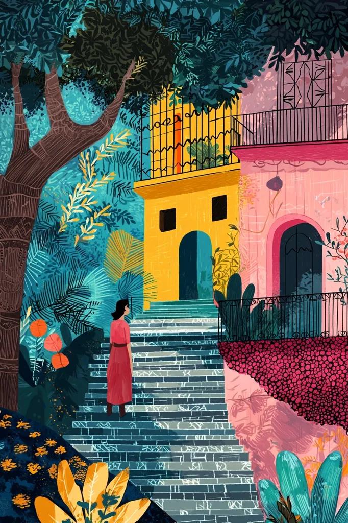 A woman in a red dress stands at the bottom of a set of stone steps leading up to a yellow building with a black door. The building is decorated with black iron railings and sits beside a pink building with a black door and balcony. Lush tropical plants and trees surround the buildings, creating a vibrant and colorful scene.