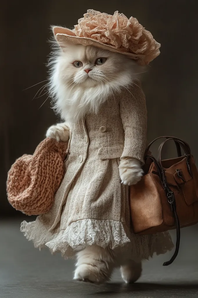 A fluffy white cat wearing a beige knitted dress, a lace-trimmed skirt, and a delicate peach-colored hat with a floral trim. It carries a brown leather handbag in one paw and a knitted basket in the other, showcasing an adorable and whimsical fashion sense. The cat's expression is serious and thoughtful, adding a touch of charm to the scene.