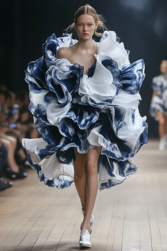 A young woman walks down a runway wearing a striking white and blue dress. The dress is made of layers of ruffled fabric that create a cloud-like effect.  The dress has a tie-dye pattern with splashes of blue on the white fabric. The model is wearing white shoes. The background shows a blurred image of the audience.  The photo captures the essence of a fashion show, highlighting the creativity and beauty of a unique design.