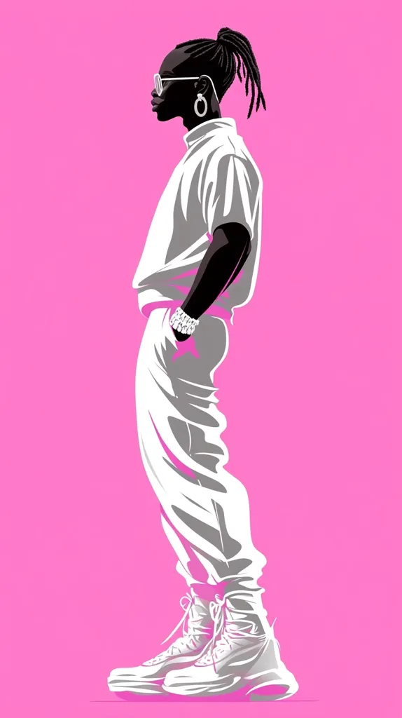 A stylized illustration of a person with dark skin, black hair tied up in a ponytail, wearing white sunglasses, a white shirt and pants, and white sneakers. The person is standing with their right hand on their hip,  looking to the left, against a bright pink background.
