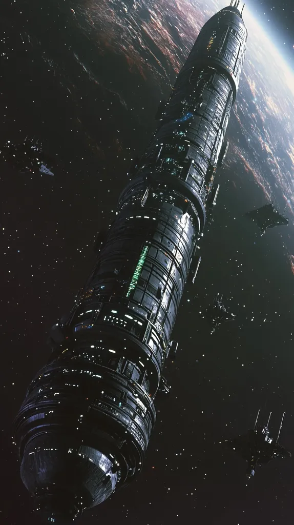 A massive, cylindrical spaceship, possibly a space station, floats in the vast expanse of space. The ship's exterior is a dark metal, segmented with windows and glowing lights. The background is a star-studded black canvas with a distant planet. Smaller spacecrafts can be seen in the distance, emphasizing the scale of the main vessel. The image evokes a sense of futuristic travel and exploration.