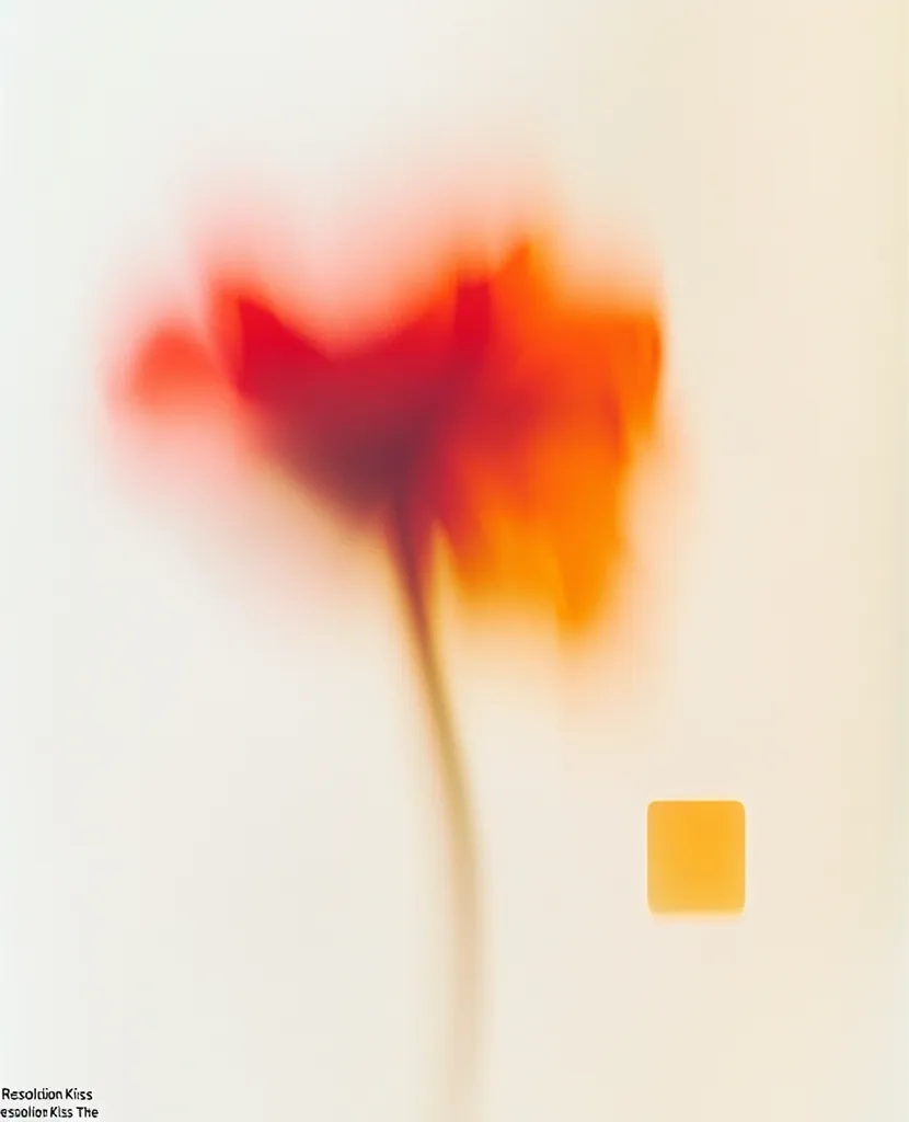 A single red and orange flower is blurred and faded against a white background.  A small square of orange is in the lower right corner, possibly a reflection of the flower.  The image has a dreamy, ethereal feel.  The colors are soft and muted.  The overall effect is peaceful and serene.