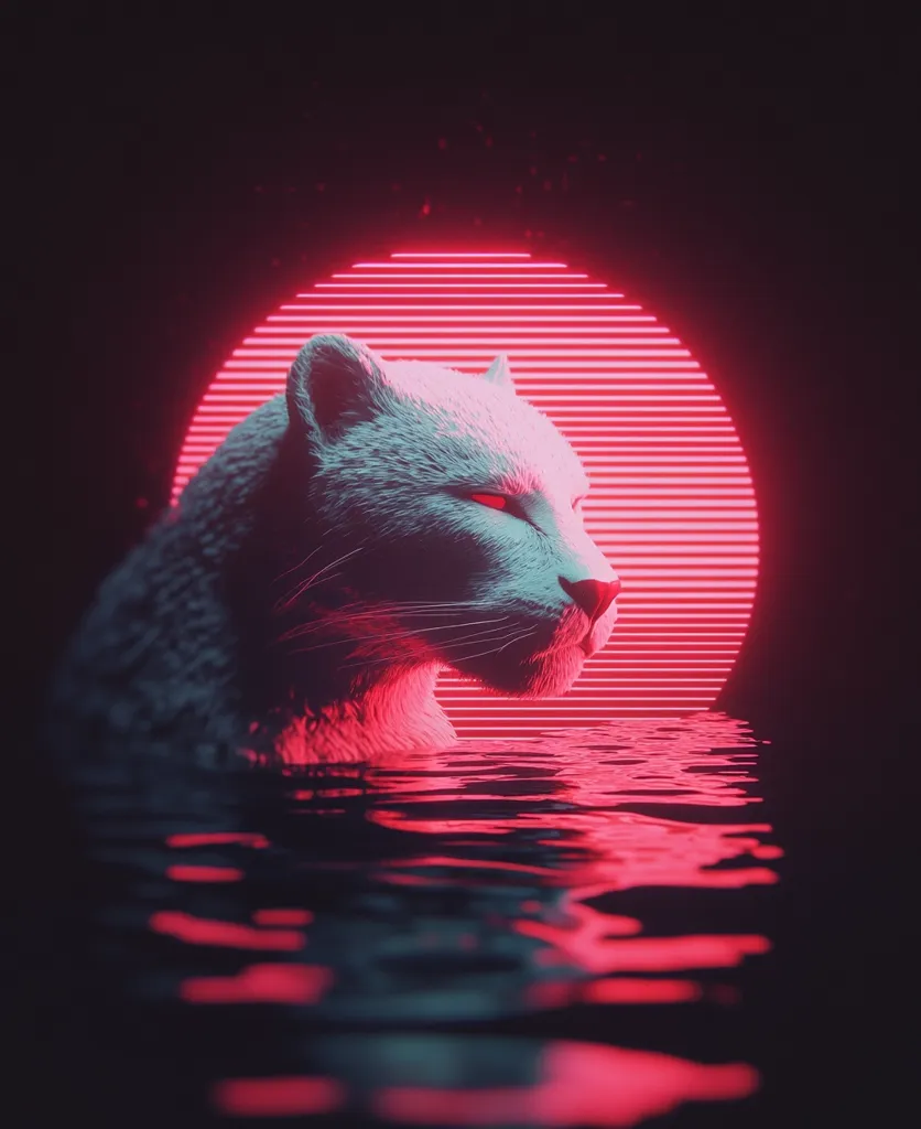 A white, stylized leopard emerges from a pool of pink water, its head turned to the side. Behind it, a glowing pink circle, resembling a retro sun, fills the background with horizontal lines. The image evokes a futuristic, dreamlike atmosphere.
