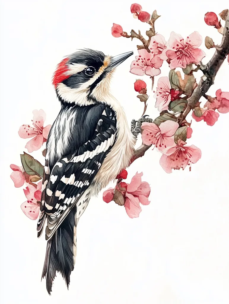 A detailed watercolor painting depicts a black and white woodpecker perched on a delicate branch of pink cherry blossoms. The woodpecker's red crest and black and white stripes are vividly rendered, while the blossoms are soft and delicate with shades of pink and white. The background is a crisp white, highlighting the beauty of the bird and the flowers. The image evokes a sense of spring and nature's delicate balance.