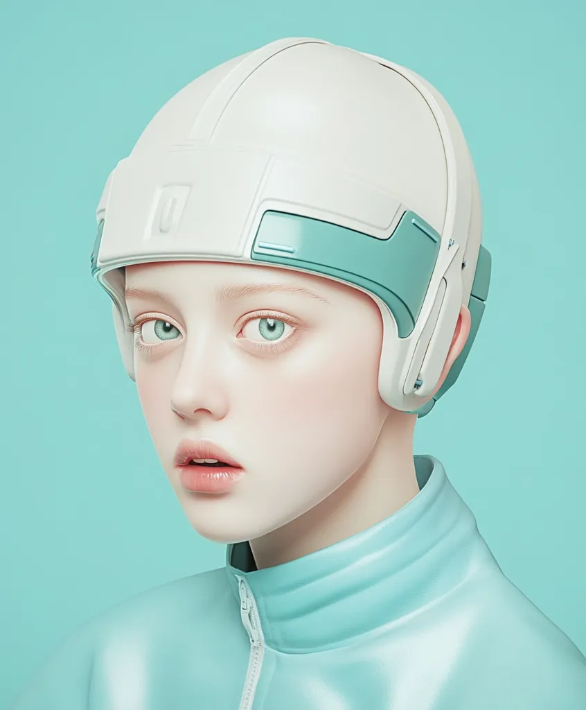 A young person with pale skin and light blue eyes is wearing a white helmet with a blue band around the edge. The helmet is covering their ears and forehead. They are wearing a light blue, shiny jacket. The background is a pale blue. The image is stylized and surreal.