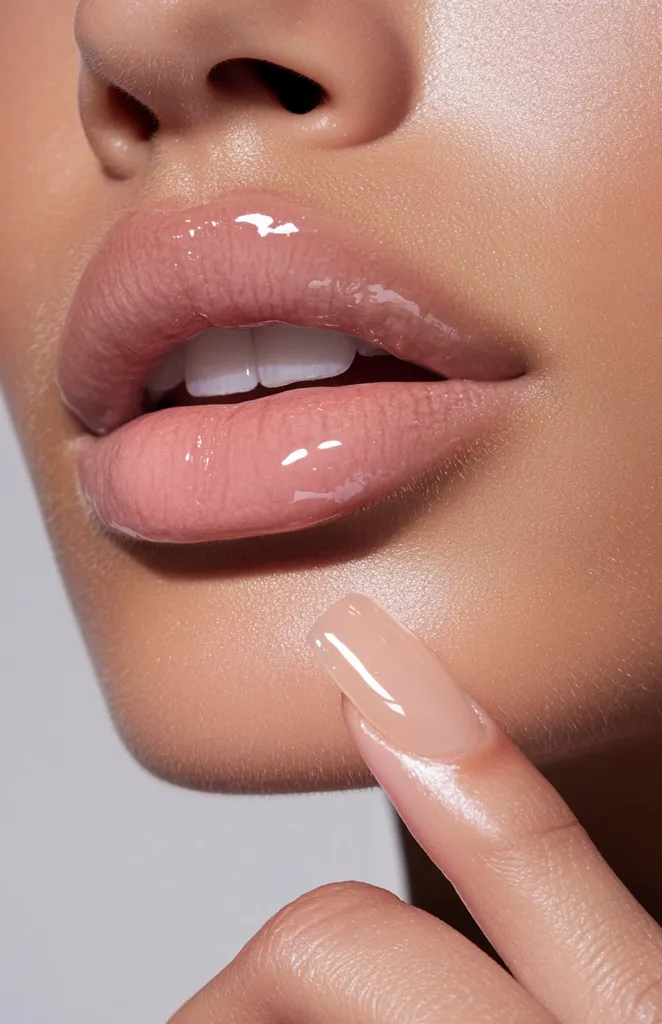 The image shows a close-up of a person's face, focusing on their lips and a finger. The lips are full and glossy, with a hint of pink. The finger is holding a nude-colored nail, which is long and pointed. The skin is smooth and flawless, giving a sense of beauty and refinement. The overall mood is one of elegance and sensuality.