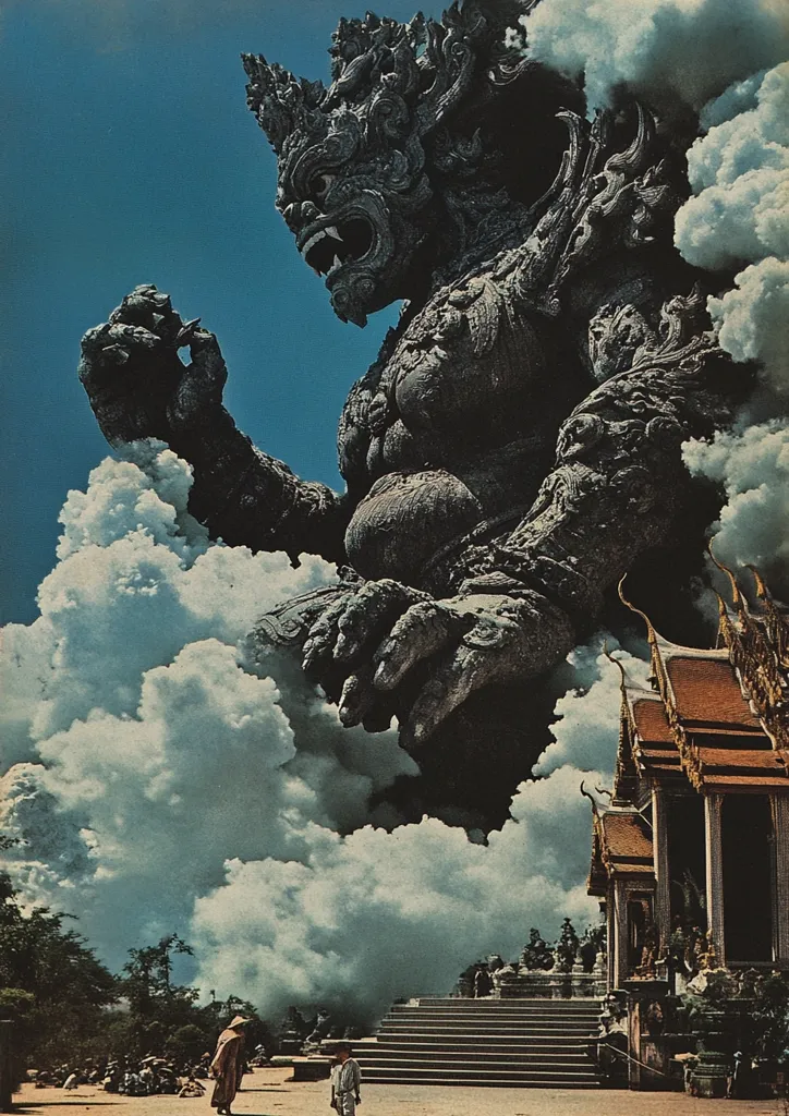 A large, imposing stone statue of a mythical creature dominates the sky above a temple in Thailand. Its hand, reaching down, dwarfs the building and the people who stand in its shadow. The sky is filled with fluffy white clouds, creating a dramatic backdrop for the scene. The statue, with its intricate details and imposing presence, is a testament to the power of ancient myths and legends.