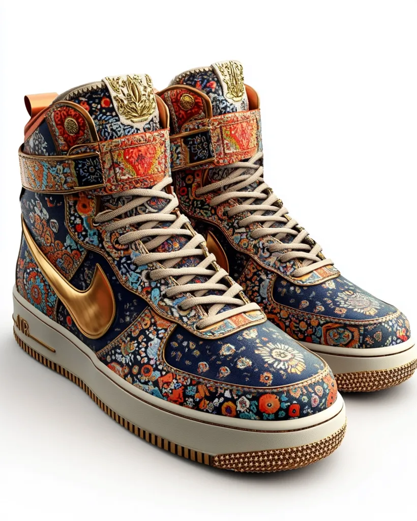 A pair of high-top Nike Air Force 1 sneakers with a vibrant, intricate floral pattern covering the entire shoe. The sneakers have a gold swoosh logo, a cream-colored sole, and gold accents around the edges. The shoes are a mix of classic and contemporary design, making them a unique and eye-catching piece.