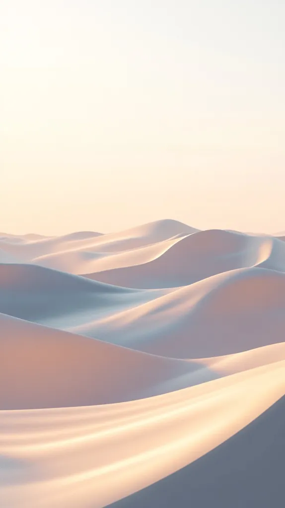The image shows a vast, white sand desert under a pale, blue sky.  The dunes are smooth and gently sloping, casting long, delicate shadows. The scene is bathed in a soft, warm light, creating a serene and minimalist landscape. The vast expanse of sand and the subtle color gradients evoke a sense of peace and tranquility.  The soft, muted tones create a dreamy and ethereal atmosphere.