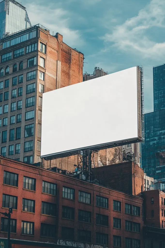 A large blank billboard is mounted on a rooftop in a city.  The billboard is white and is positioned against a backdrop of brick and glass buildings. The sky is bright blue and there are some clouds visible.  The image has a sense of urban renewal and potential.  The blank billboard is ready for new advertising.