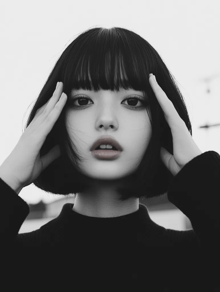 A young woman with short black hair and bangs, wearing a black turtleneck sweater, gazes directly at the camera with a neutral expression. Her hands are placed on either side of her head, framing her face. The image is in black and white, emphasizing the contrast between her dark hair and pale skin. The background is out of focus, drawing attention to the subject.