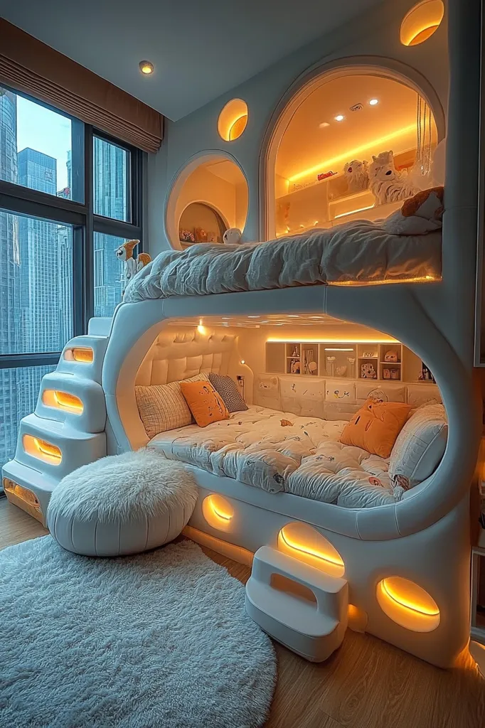 The image shows a modern and unique bedroom with a white, round bunk bed. It features a soft white rug and a fluffy white ottoman. The bed has built-in steps with warm, orange LED lights and a window with a city view. The room's decor creates a cozy and futuristic atmosphere.