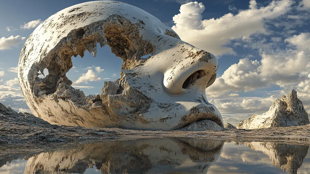 A large, eroded rock formation resembling a human face rests on a barren, rocky landscape. The face is partially hollowed out, revealing the sky and clouds beyond. A small puddle reflects the sky and the surrounding rocks, creating a surreal and dreamlike atmosphere. The image is evocative of ancient ruins and the power of nature.