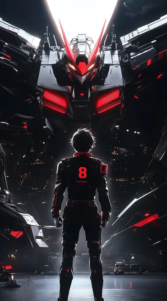 A lone figure stands in the shadows, silhouetted against a massive, futuristic mecha. The mecha is dark and imposing, with glowing red eyes and accents. The figure is wearing a black suit with red accents, and a prominent number "8" on their chest. The scene is set against a dark and ominous background, suggesting a tense and dangerous situation. The image evokes a sense of anticipation and power.
