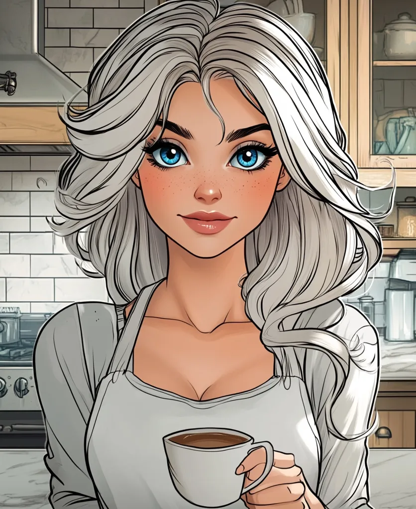 A woman with long white hair, wearing a grey top and a white apron, is holding a cup of coffee in her right hand. She's smiling with a warm expression, and her blue eyes are sparkling. The kitchen setting suggests a cozy and domestic atmosphere. The image is drawn in a cartoon style, with detailed facial features and a vibrant color palette.