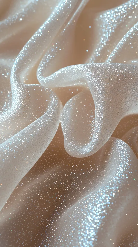 The image shows a close-up of a sheer, white fabric with tiny iridescent sequins woven into it. The fabric is draped in soft folds, creating a sense of gentle movement and light. The sequins catch the light, creating a sparkling effect that adds a touch of glamour and elegance to the image. The overall tone of the image is soft and romantic, with the fabric's ethereal beauty being the central focus.