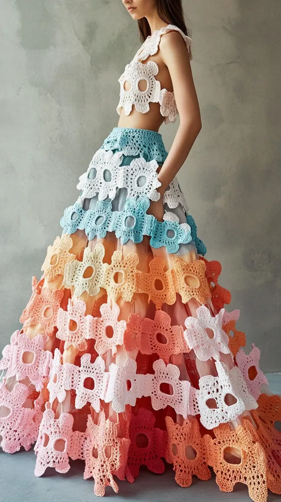 A woman wears a stunning crocheted dress. The bodice is a white crop top with a delicate floral pattern. The skirt is layered with crochet flowers in shades of blue, orange, pink, and coral, creating a vibrant rainbow effect. The dress is a masterpiece of craftsmanship, showcasing intricate details and a feminine silhouette.