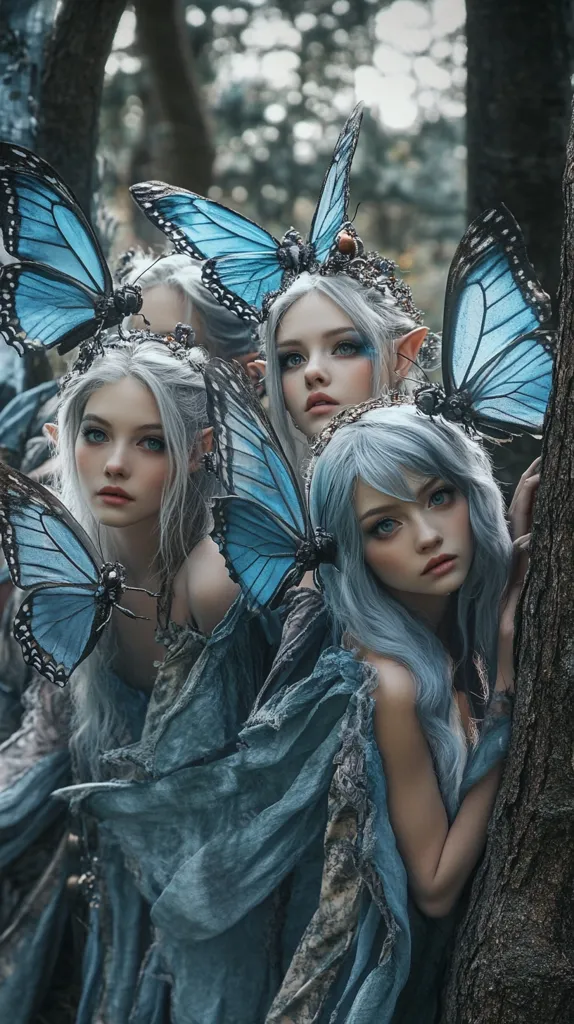 Three young women with long, white hair, wearing blue butterfly wings and ethereal clothing, stand in a wooded area. Their eyes are bright and their expressions are soft.  They are leaning against a tree trunk. The image is soft and dreamy.