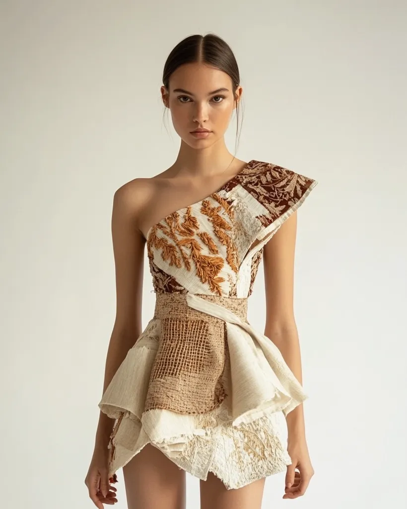 A woman with dark hair pulled back in a simple style wears a one-shoulder dress made of various textures. The dress is a patchwork of different fabrics in beige, brown, and white, with a textured, almost woven, look. The dress features a ruffled skirt, and a thin brown belt accentuates her waist. The woman's expression is neutral and she stares directly at the camera, creating a  dramatic and captivating image.