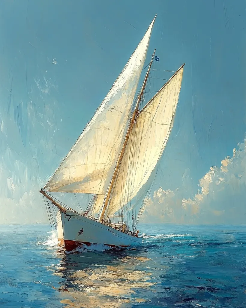 A sailboat with billowing white sails glides through calm blue water under a bright sky.  The water is a deep blue, reflecting the sun's rays. White clouds drift lazily across the sky. The boat is moving with ease, its sails filled with wind. The painting evokes a sense of peace and serenity.