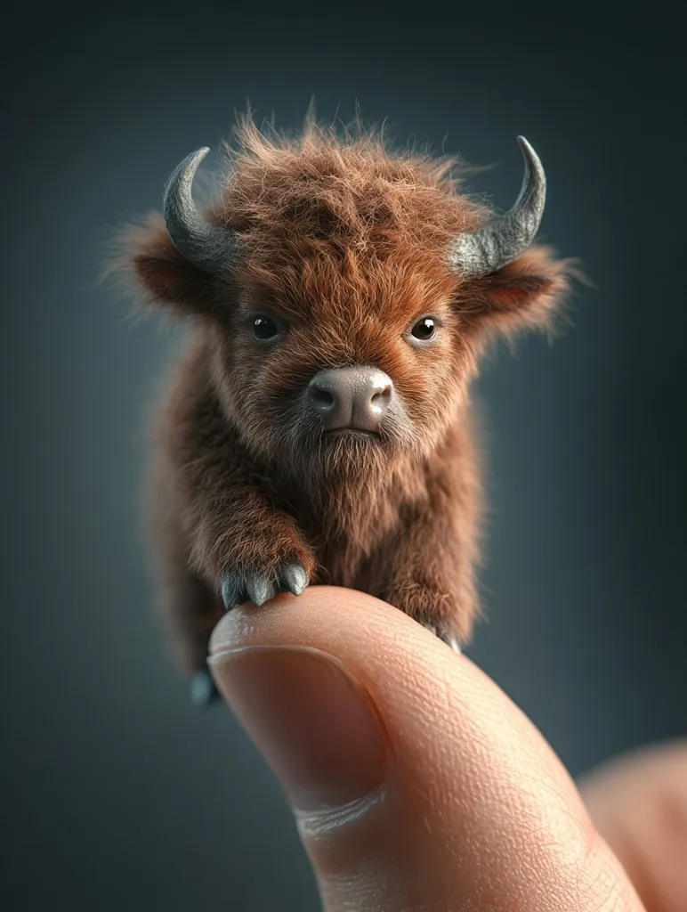 A tiny, furry brown bison with large, pointed horns rests its front paw on a human finger. The bison's fur is fluffy and soft, and its eyes are dark and alert. It looks small and adorable, like a miniature version of its larger relatives. The background is a blurry, dark blue, which helps to focus attention on the bison.  The image captures the contrast between the animal's size and the human's finger, highlighting the bison's diminutive scale.  The image could be interpreted as a humorous or whimsical illustration, highlighting the beauty and absurdity of small creatures.