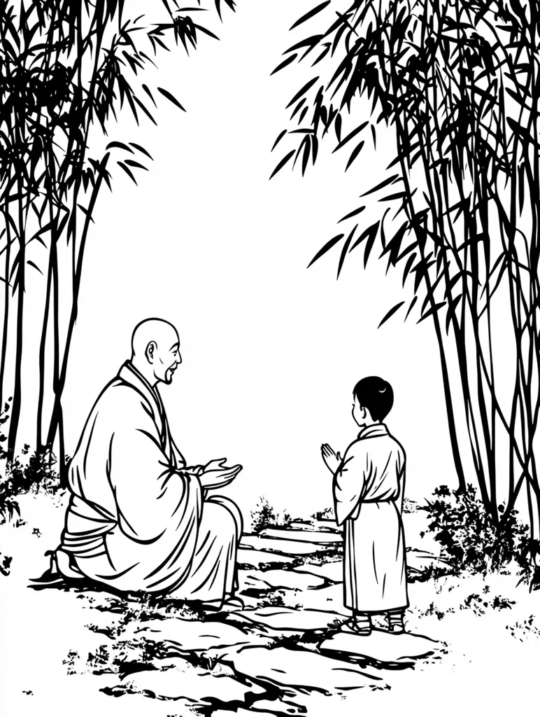 The image depicts a black and white illustration of an older man in traditional Chinese clothing, sitting on a rock with his hand outstretched. A younger child stands before him in a similar outfit, their hands clasped in a gesture of respect. Tall stalks of bamboo with delicate leaves frame the scene. The image is drawn in a simple, elegant style that suggests a peaceful and meditative setting.