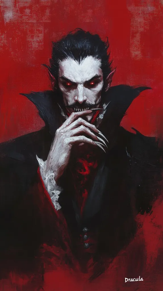 The image depicts a vampire, likely Dracula, with sharp fangs, red eyes and pale skin. His hand rests on his chin, creating a sinister and menacing expression. The red background contrasts sharply with his dark attire and highlights his ghostly appearance. The image evokes a sense of mystery and danger, hinting at a dark tale waiting to unfold.  The word "Dracula" is subtly written in the bottom right corner.