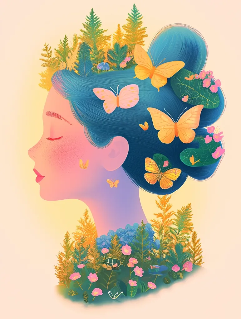 A whimsical illustration of a woman with flowing blue hair.  Her hair is filled with lush green foliage and brightly colored butterflies. Pink flowers bloom around her shoulders and neck.  The image evokes a feeling of peace and connection to nature.