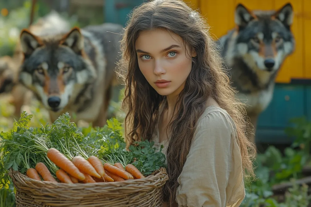 A young woman with long brown hair stands in front of a basket of carrots. She is wearing a cream-colored shirt and looking directly at the camera. In the background, two wolves, one on each side, look at her. The setting appears to be a rustic, natural environment. The scene evokes a sense of mystery and fairytale-like imagery.