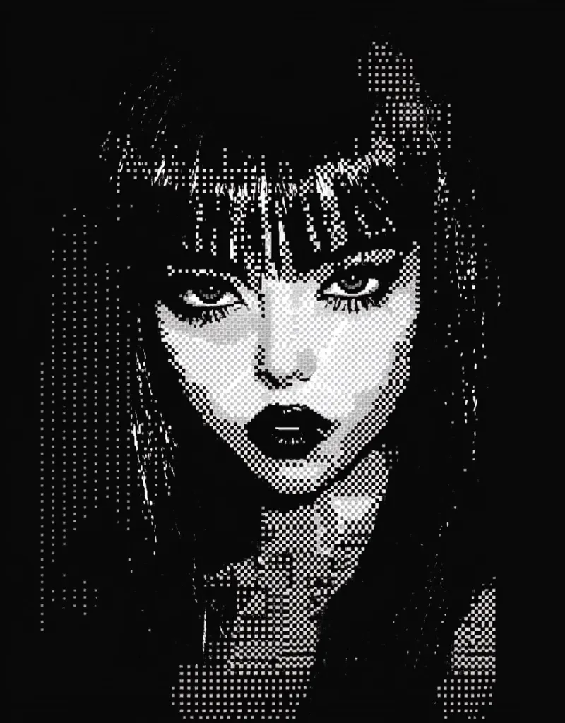 The image shows a close-up of a woman's face in a black and white, pixelated style. Her dark hair covers most of her face, with only her eyes, nose, and lips visible. She has thick eyebrows, large eyes with dark eyeliner, and full, dark lips. The image creates a mysterious and alluring atmosphere with the use of darkness and sharp lines.