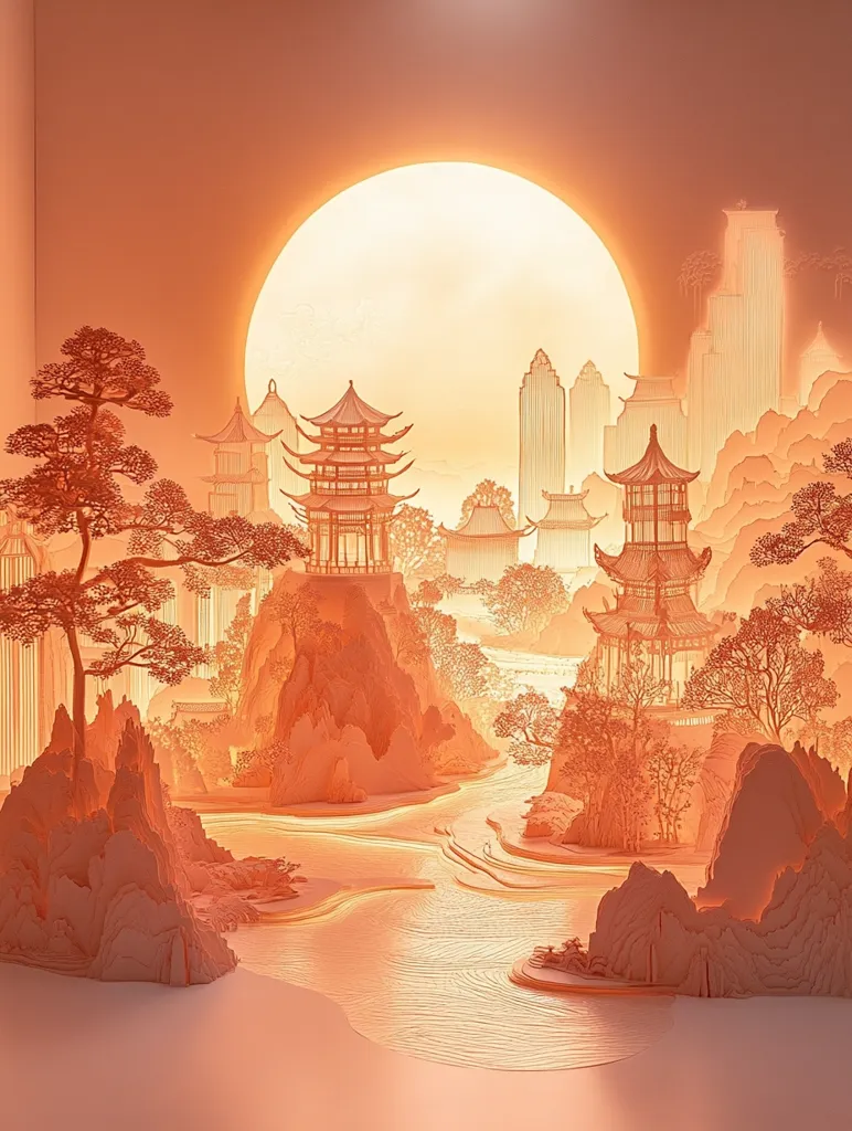 This image is a delicate and intricate paper art piece depicting a Chinese landscape. It features a winding river flowing through a mountainous region, with traditional Chinese buildings, trees, and a large moon in the background. The intricate details and soft lighting give the piece a dreamlike quality. The paper cutting technique used to create this artwork is highly skilled and results in a visually stunning and textured piece.  The overall tone of the piece is peaceful and serene, inviting viewers to imagine themselves in this tranquil setting.