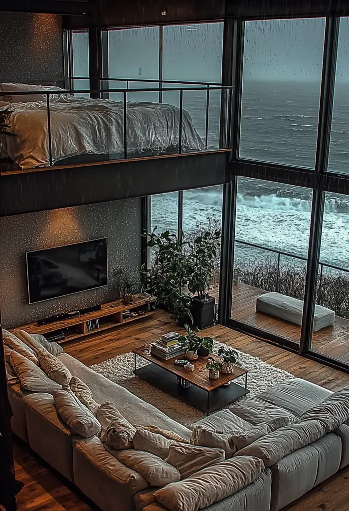 A modern loft living room with large windows overlooking a stormy sea.  A plush sectional sofa sits in front of a coffee table, with a flat screen TV mounted on the wall.  A bed is located on the upper level, accessible by a black metal staircase. The room has a sleek, industrial design with dark wood floors and accents.  Natural light fills the room from the expansive windows, providing a dramatic contrast to the stormy weather outside.