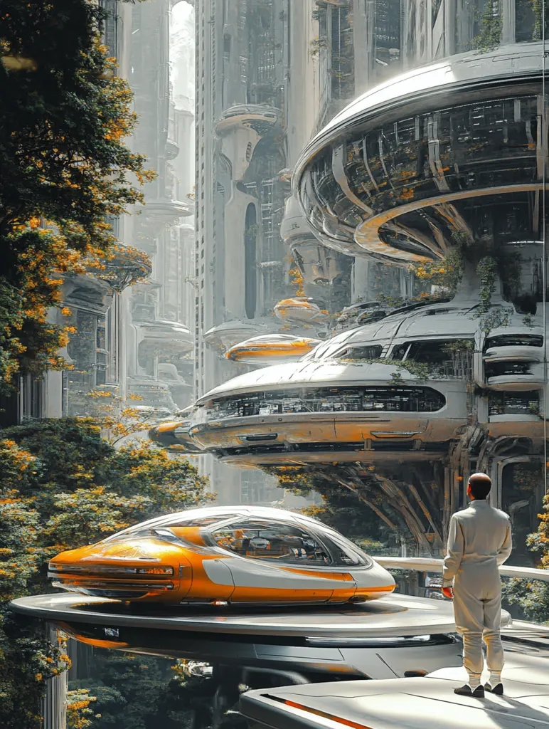 A futuristic city with tall, grey buildings and flying cars. One car, a sleek yellow and white model, is parked on a landing pad, while a man in a white suit looks on. The city's architecture is intricate and detailed, with flying platforms and large, circular structures. Lush, green trees grow amongst the buildings, adding a touch of nature to the otherwise technological landscape.  The scene has a sense of wonder and excitement, suggesting a world of advanced technology and progress.
