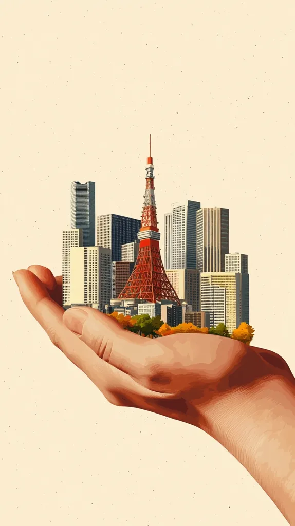 A hand cradles a miniature cityscape with a red tower as the focal point, surrounded by smaller buildings, trees, and a touch of green foliage. The background is a soft beige with a subtle texture. The image is a unique collage-style artwork, likely representing the concept of holding onto memories or preserving a moment in time.