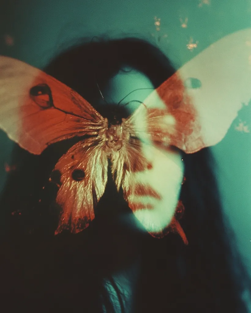 A woman's face is partially obscured by a large butterfly. The image is shot in a vintage, faded style, giving it a dreamlike quality. The butterfly's wings are translucent and cover the woman's eyes, creating a sense of mystery. The background is a blurred, teal color, further adding to the ethereal nature of the image.