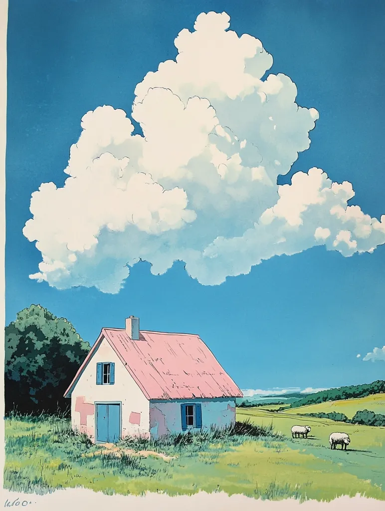 The image depicts a picturesque landscape with a charming, white-walled cottage with a pink roof, nestled amidst rolling green hills and lush vegetation. A large, fluffy cloud dominates the cerulean sky, casting a gentle shadow over the scene. Two sheep graze peacefully in the distance, adding a touch of tranquility to the idyllic setting. The overall tone is serene and calming, evoking a sense of peace and contentment.