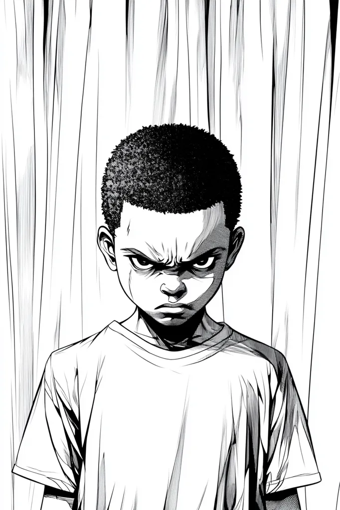 The image shows a black and white illustration of a young boy with a serious expression. He has short, dark hair and is wearing a plain t-shirt. The boy's eyes are narrowed, and his mouth is set in a firm line. The background is a blurry, abstract pattern of lines, suggesting a sense of uncertainty or tension. The illustration is drawn in a realistic style with detailed shading and textures.