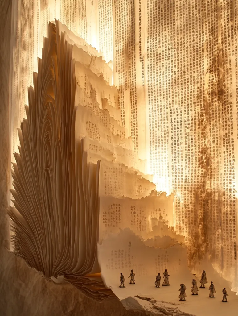 An open book with pages that fan out like a giant, abstract sculpture, creating a towering, ethereal pathway.  Tiny figures in traditional attire navigate the pages, adding a sense of scale and wonder. The warm, golden light casts long shadows, emphasizing the textural details of the book's pages.  The image evokes a sense of mystery and the power of knowledge.