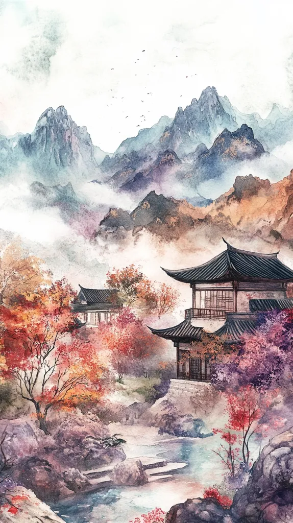 The watercolor painting depicts a serene landscape with a traditional Chinese pavilion nestled amidst a valley of misty mountains. Lush foliage and a gently flowing stream add to the picturesque scene, conveying a sense of tranquility and harmony.  The soft hues and delicate brushstrokes create a dreamy atmosphere.