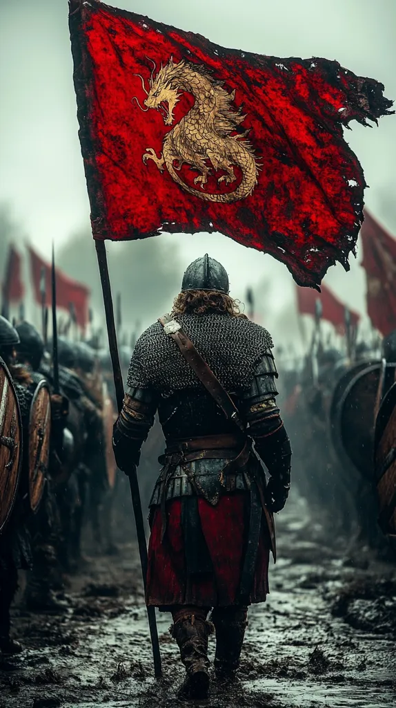 A lone warrior, clad in chainmail and a red kilt, marches through a muddy battlefield, carrying a tattered red banner emblazoned with a golden dragon. He walks resolutely toward the front lines, followed by a blur of soldiers and horses. The scene is captured in a moody, almost cinematic fashion, highlighting the grim reality of war.