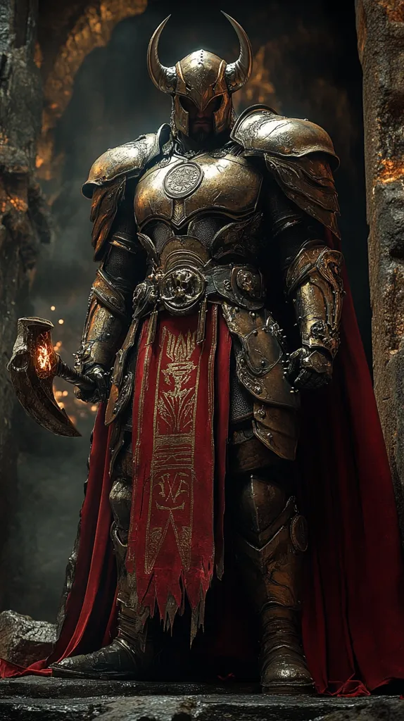 A warrior clad in ornate golden armor stands before a stone wall. He wears a horned helmet and a flowing red cape with a golden design. He holds a large axe with a glowing blade. The lighting is dramatic, casting shadows and highlighting the armor's details. The image evokes a sense of power and mystery.