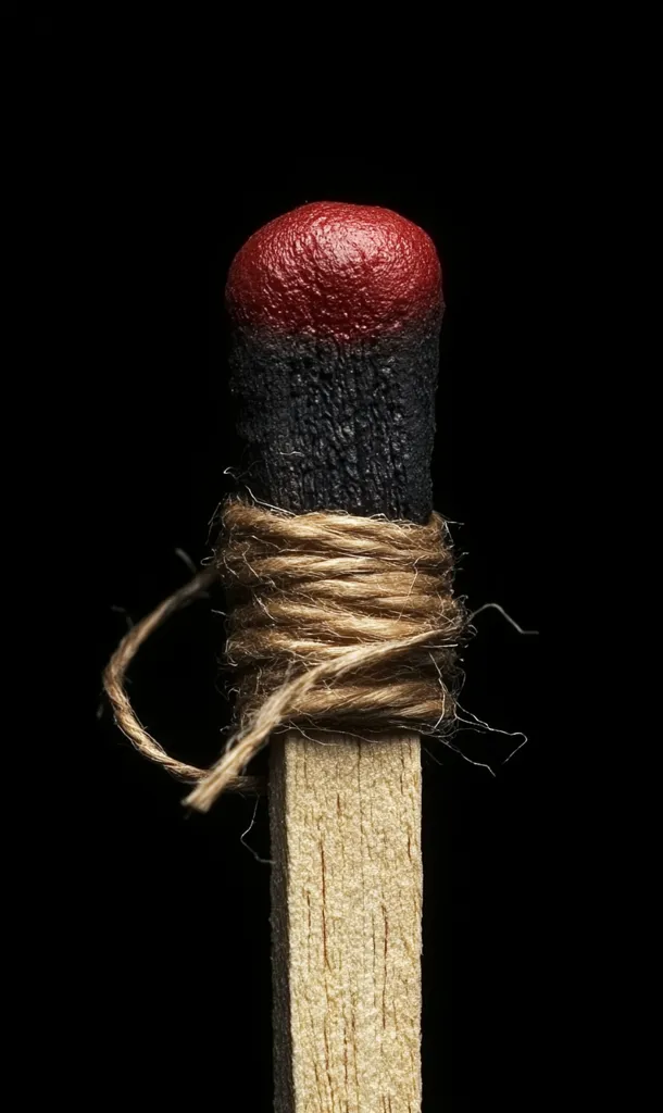 A close-up of a matchstick with a red head, a black charred tip, and a brown twine wrapped around it. The matchstick is set against a black background. The image is a study in texture and contrast, highlighting the detail and artistry of everyday objects.