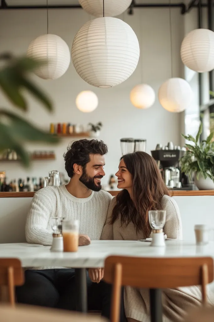 A couple sits across from each other at a table in a cafe, gazing into each other's eyes. The cafe is decorated with white paper lanterns hanging from the ceiling. The man has a beard and is wearing a white sweater. The woman has long brown hair and is wearing a white sweater. They are both smiling, suggesting a romantic connection.  The warm lighting and intimate setting create a cozy and romantic atmosphere.  A glass of iced beverage sits on the table between them.  A potted plant sits on the shelf behind them.