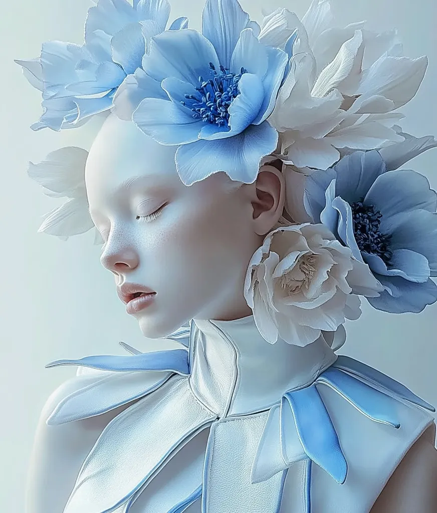 A woman with pale skin and blue eyes is adorned with a crown of white and blue flowers. Her eyes are closed and her lips are slightly parted. She is wearing a white leather collar with blue accents. The image is soft and ethereal, with a focus on the woman's delicate features and the beauty of the flowers. The lighting is soft and the overall aesthetic is serene and peaceful.