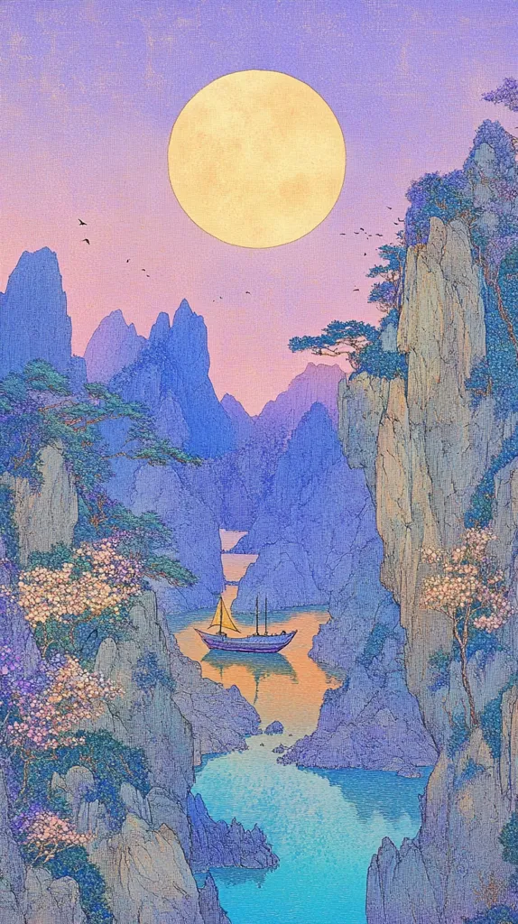 A large, pale yellow moon hangs in a lavender sky above a narrow channel between high, purple-grey cliffs. A small sailboat sails through the blue water, which reflects the moon’s light. Sparse trees and blooming flowers line the cliffs.