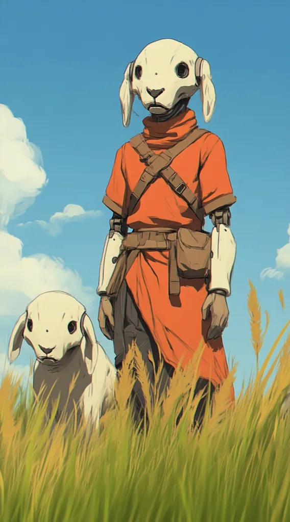 A humanoid figure wearing a white, bunny-like mask and an orange robe stands in a field of tall grass. The figure has mechanical arms and is wearing a brown belt and pouch. A white, lamb-like creature stands to the left of the figure, facing the viewer. The sky is blue and cloudy.  The image has a whimsical and otherworldly feel.