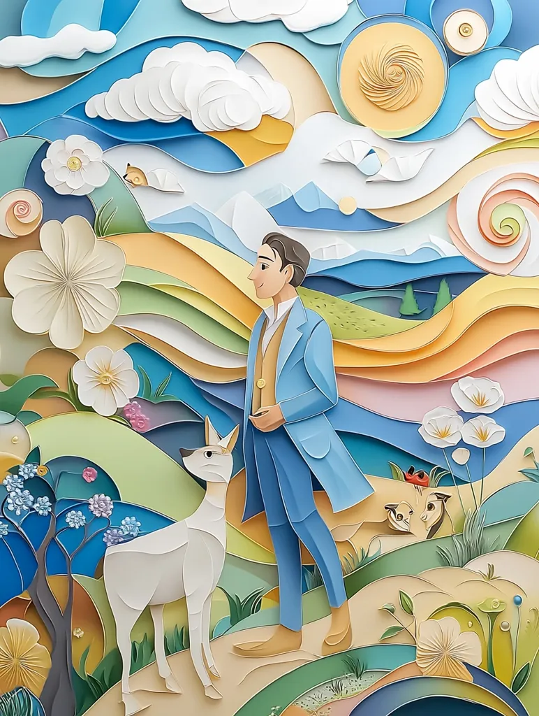 A man in a blue suit stands in a paper-cut landscape. The scene is whimsical and detailed, with swirling clouds, mountains, flowers, and a small white animal. The colors are bright and saturated, and the overall effect is playful and charming.  The paper-cut technique creates a unique and textured look.